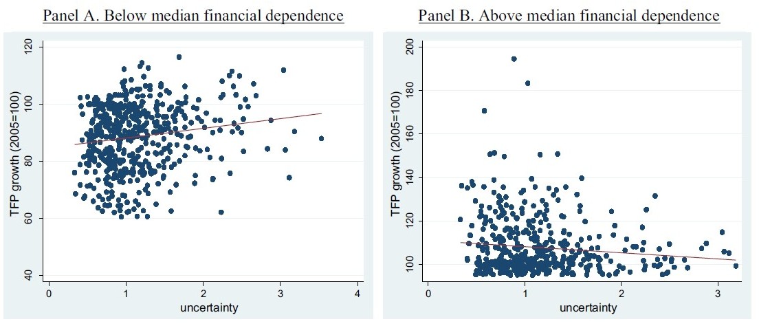 Uncertainty and Total Factor Productivity (TFP) growth: correlation at industry level. The clusters show that average productivity growth after an uncertainty increase tends to be negative for industries more reliant on external finance than for those less reliant.