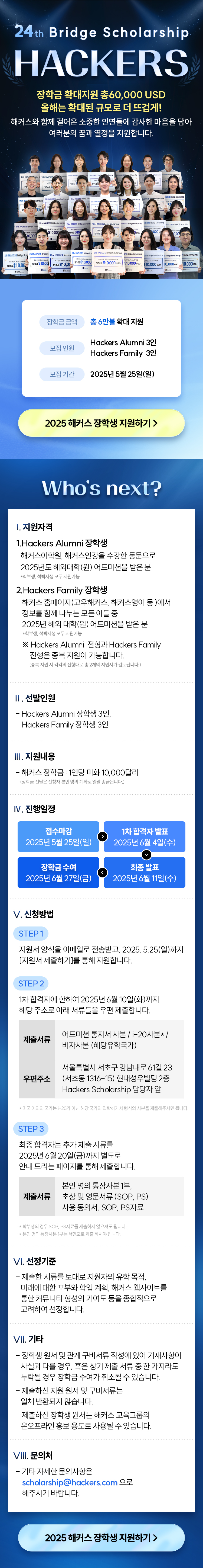 제24회 해커스 브릿지 장학생 모집 포스터. 총 장학금 60,000달러 지원. 모집 대상은 해커스어학원, 해커스인강 수강 후 2025년 해외대학 입학 예정자(Hackers Alumni) 및 해커스 홈페이지 등에서 정보를 얻고 입학 예정인 자(Hackers Family). 각 3명씩 총 6명 선발. 1인당 최대 10,000달러 장학금. 접수 마감은 2025년 5월 25일, 장학금 수여는 6월 27일, 최종 발표는 6월 11일. 지원은 이메일 및 우편 서류 제출. 문의: scholarship@hackers.com 